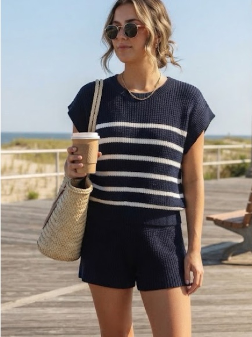 Moon and Madison SET : navy and white striped coastal knit sweater and short set